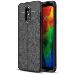 Screenguard LG Q7+ Hülle Leather Design TPU Cover (LG Q7+), Smartphone Hülle, Schwarz