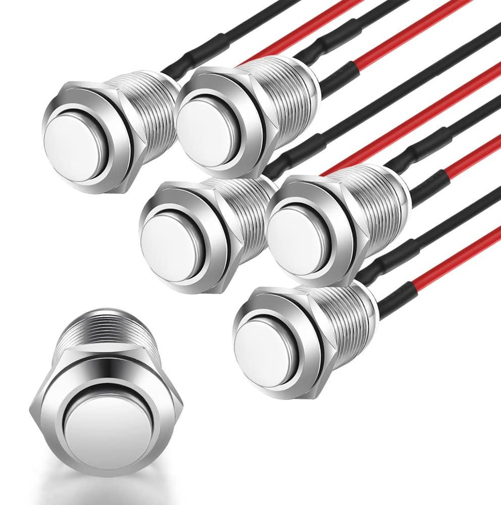 Selius Set van 5 Voorbedrade Waterdichte RVS Drukknop Momentary On/Off 12mm