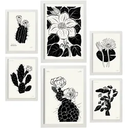 POSTER Set Mit 6 In Schwarzer Tinte Kaktus A3 & A4 Weißer Rahmen