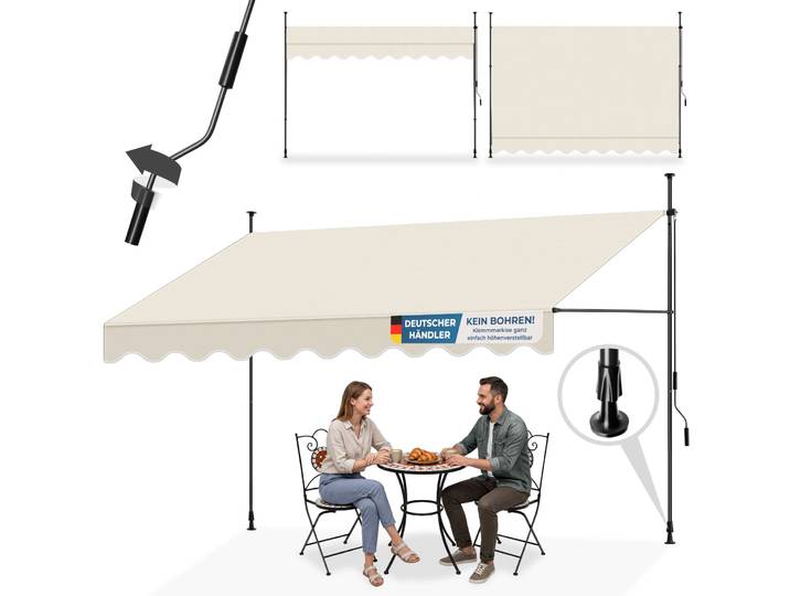 Klemmmarkise mit Handkurbel, höhenverstellbar - 350 x 180 cm, beige