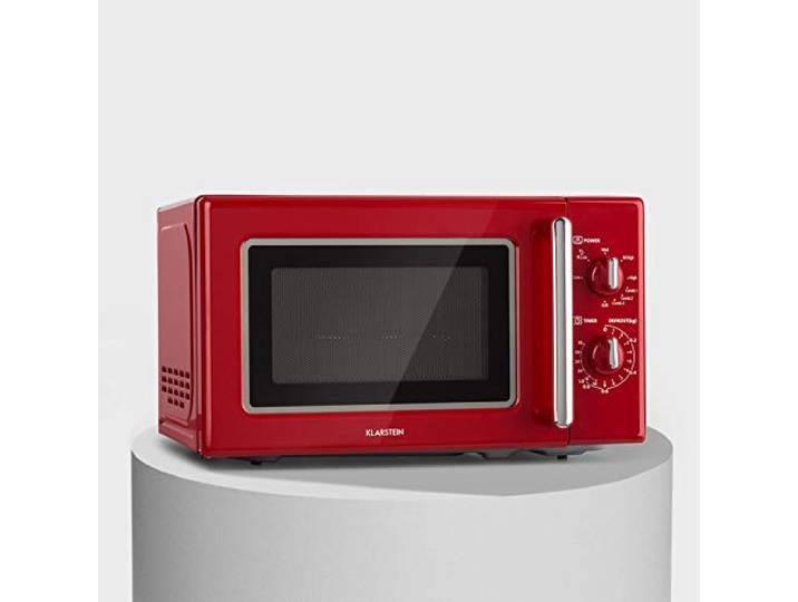 Klarstein Caroline Mikrowelle - Mikrowellen-Grill-Kombigerät, 2-in-1 Mikrowelle Grillfunktion, 20 Liter Garraum, 700 / 1000 Watt Leistung, Ø 25,5cm, QuickSelect, Retro-Design, Edelstahl, rot