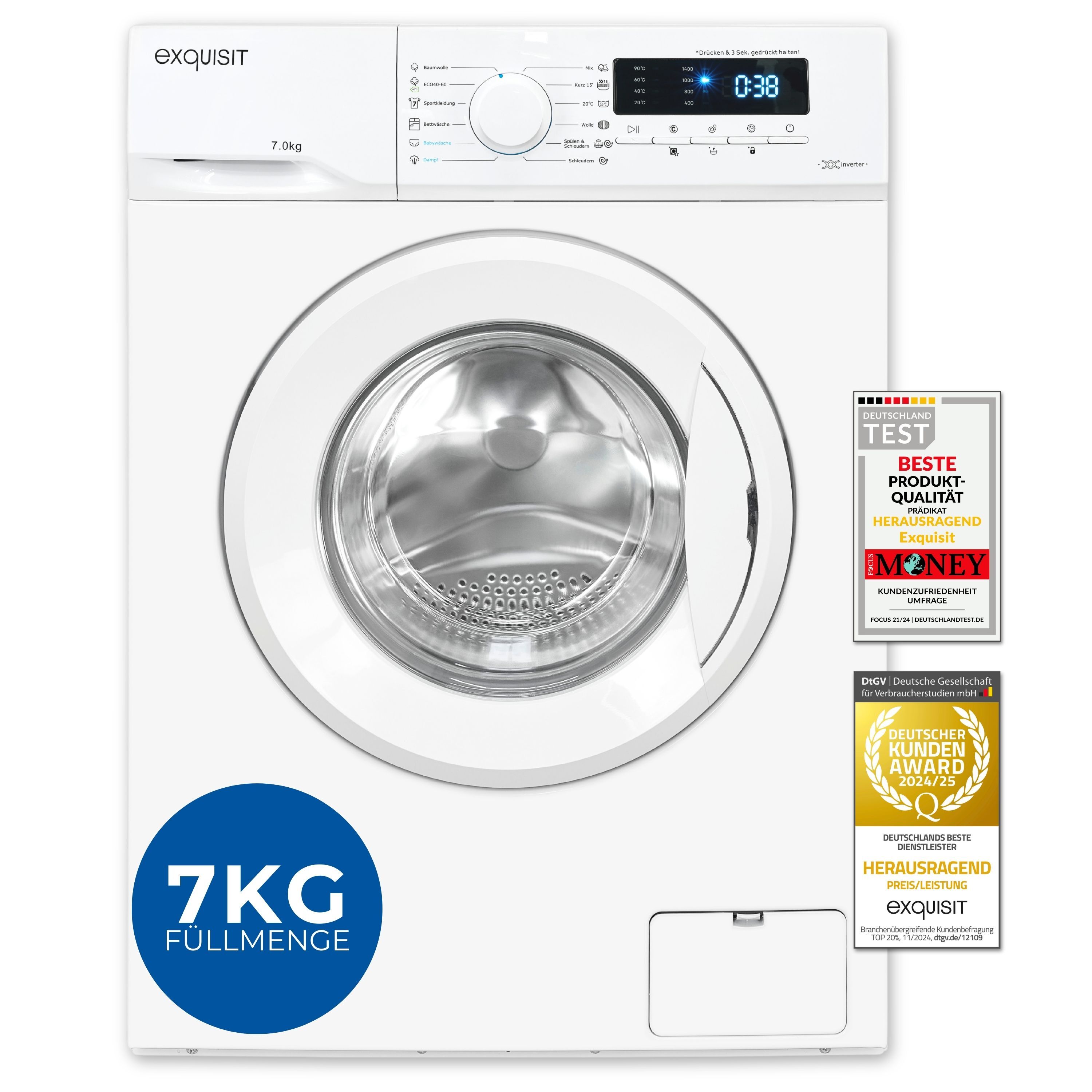 Exquisit Waschmaschine 7kg, Energieeffizienzklasse A, max. 1400 U/Min, Kurz -Mixprogramm, Startzeitvorwahl, 12 Waschprogramme, WA57014-020A weiss