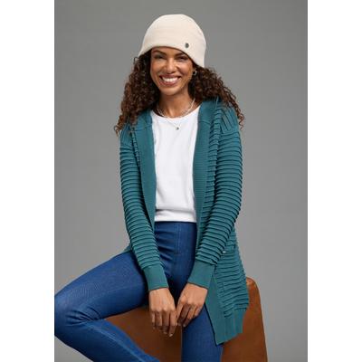 Kapuzenstrickjacke LAURA SCOTT "mit figurumspielender Passform", Damen, Gr. 32/34, grün (petrol), Strick, Obermaterial: 100% Baumwolle, Strukturmuster, figurumspielend lang, Strickjacken, mit gestreiftem Strukturmuster, aus Baumwolle