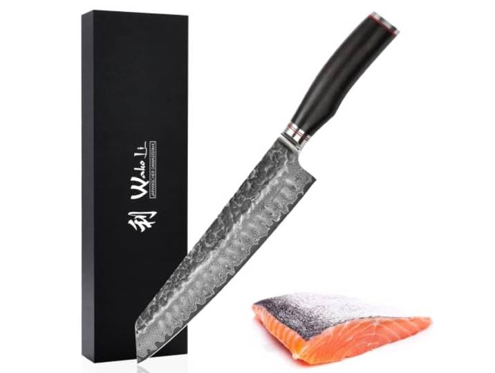 Wakoli EBO Kiritsuke-Fleischmesser 20 cm, 67 Lagen Damaststahl, VG10 Kern Griff aus schwarzem Eichenholz, Hammerschlag, 15° V-Schliff je Seite, 60 ± 2 HRC, für Rechts- und Linkshänder, in Geschenkbox