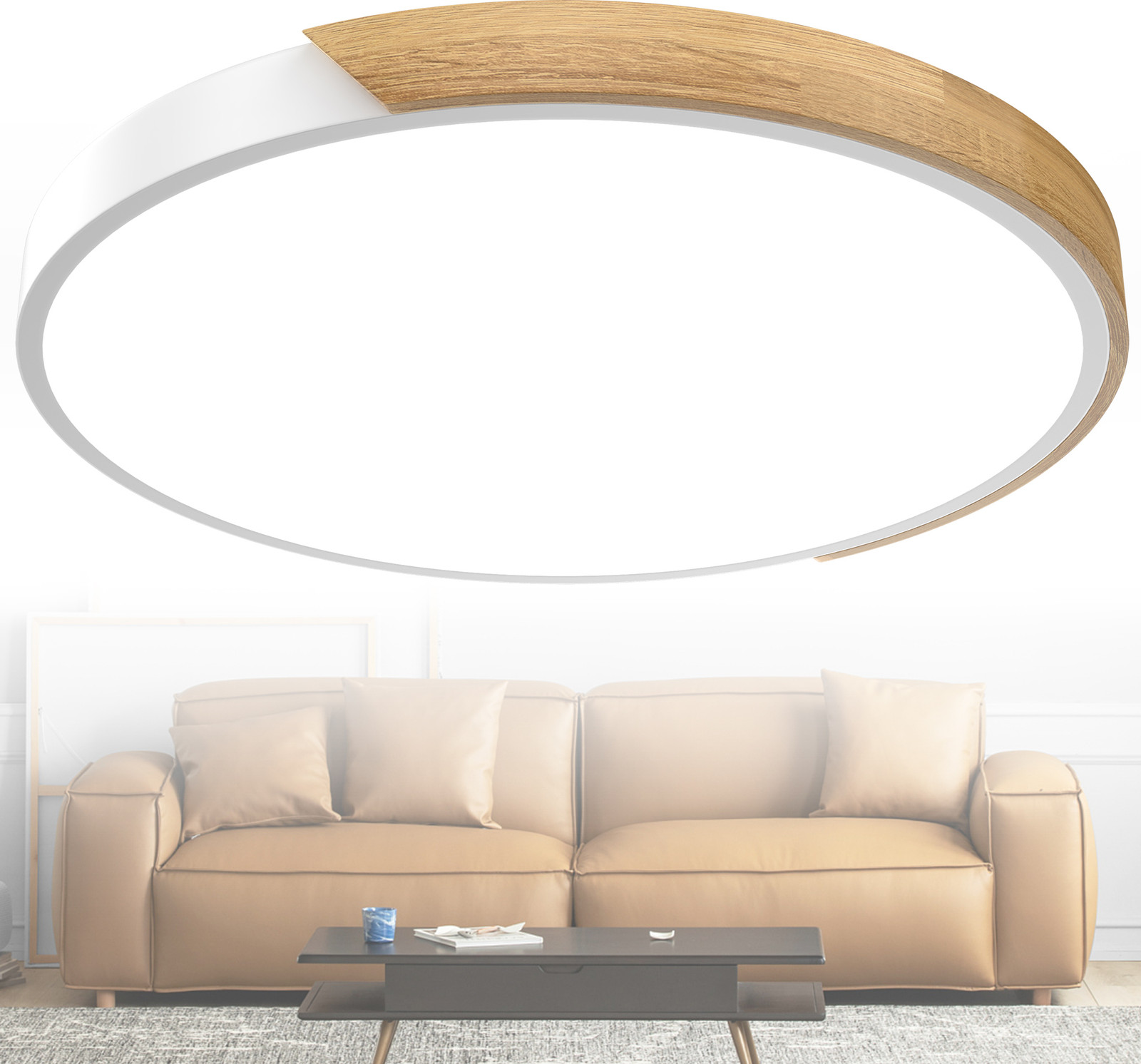 UISEBRT 96W LED plafondlamp met houten element, koelwit, geschikt voor woonkamer, keuken, badkamer en hal