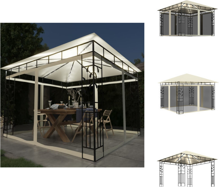 vidaXL Pavillon mit Moskitonetz & LED-Lichterkette 3x3x2,73m Cremeweiß - Pavillons & Partyzelte