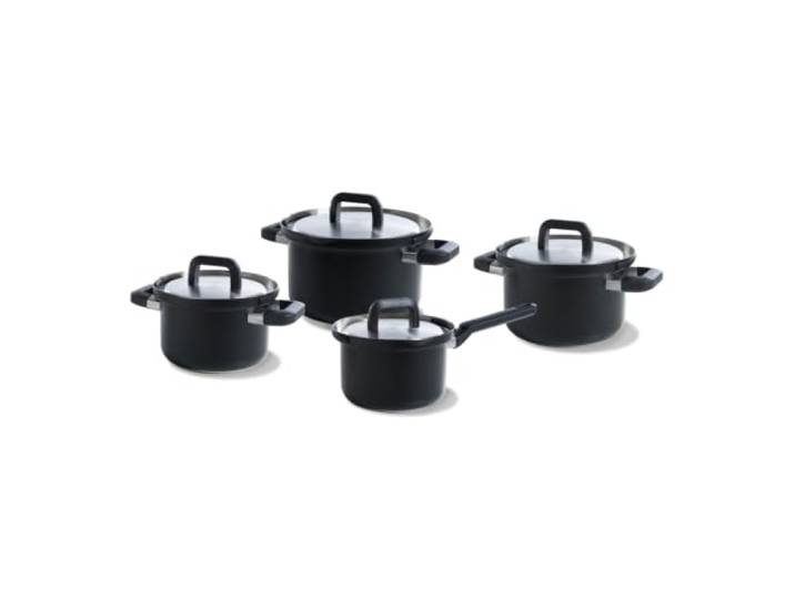 BK Flow Cool Black Topfset 4-teilig mit Edelstahldeckeln – Sicheres Abgießsystem, Edelstahl, Induktionsgeeignet, Backofenfest bis 160 °C & Spülmaschinengeeignet