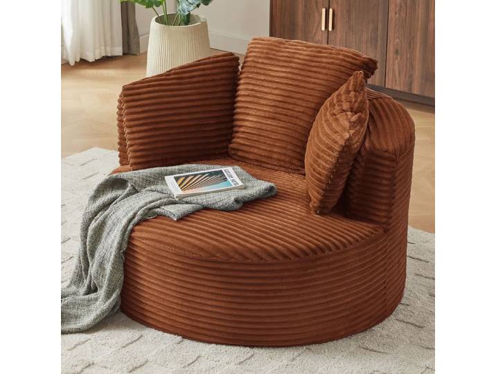 Fauteuil Lounge en Velours Côtelé - Petit Canapé 1 place Design Moderne - 124x113x86cm - Sans Motage - Orange