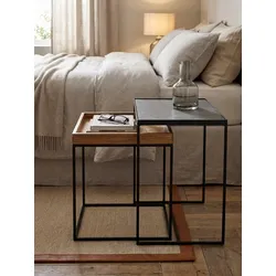 Couchtisch Set – 2-teilig Eckig Mango Massivholz Steinoptik Metall Industrial