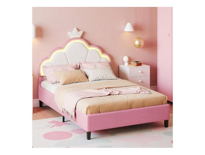 Simurq Polsterbett Kinderbett 140x200 cm mit Hasenohren-Kopfteil und LED, Mädchenbett, Jugendbett mit Lattenrost für Mädchen Kinder