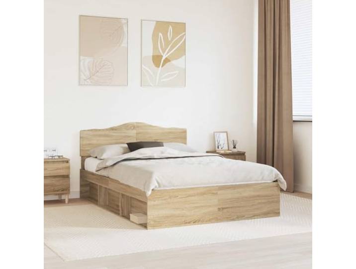 RJPLMFV Bettgestell, 150 x 200 cm, Sonoma-Eiche Massives Kiefernholz, Lattenrost, modernes Design, Hauptschlafzimmer