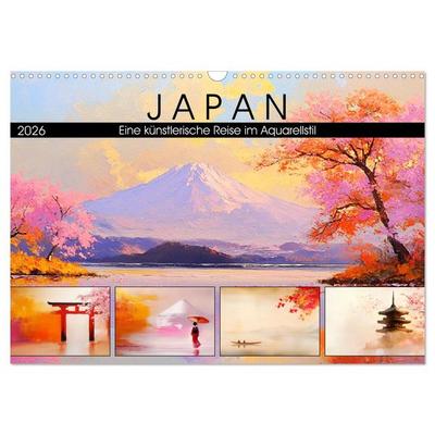 Japan. Eine künstlerische Reise im Aquarellstil (Wandkalender 2026 DIN A3 quer), CALVENDO Monatskalender
