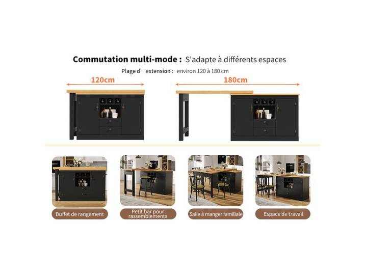 COVREO Buffet bar extensible 120-180 cm pivotant 360° avec rangement MDF noir et décor bois