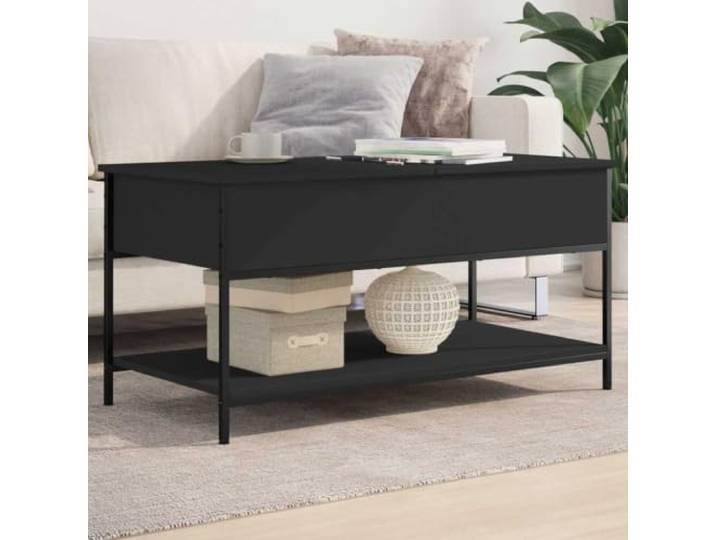 HEFZGDB Couchtisch Schwarz 100x50x50 cm Holzwerkstoff und Metall mit verstecktem Staufach und verstellbaren Füßen für Stauraum und Stabilität