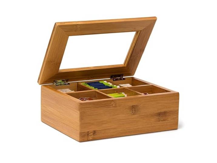 Relaxdays Boîte à thé en bambou 6 compartiments Coffret sachets thé vrac HxlxP : 9 x 22 x 16 cm Fenêtre transparente\, nature