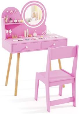 Costway Kids Princess Makeup Dressing Desk and Chair Set with Mirror and Lights-Pink