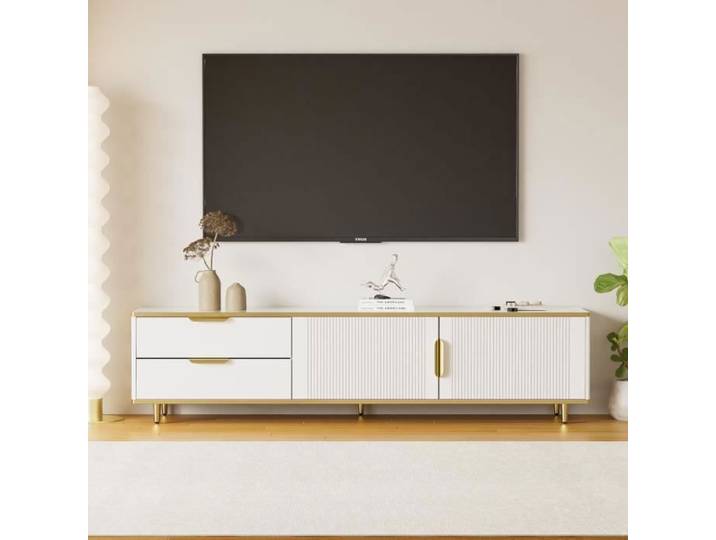Meuble TV - Texture sculptée - Poignées dorées - Pieds dorés - Style contemporain