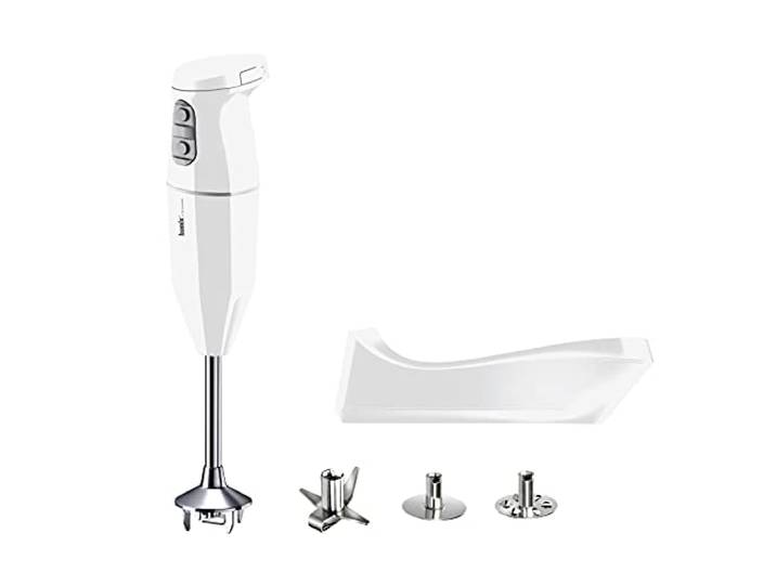 bamix Stabmixer Set cordless PLUS kabelloses, inkl. Multimesser, Quirl, Schlagscheibe aus Edelstahl, 250 Watt, 3-Stufen, Made in Switzerland, Weiß