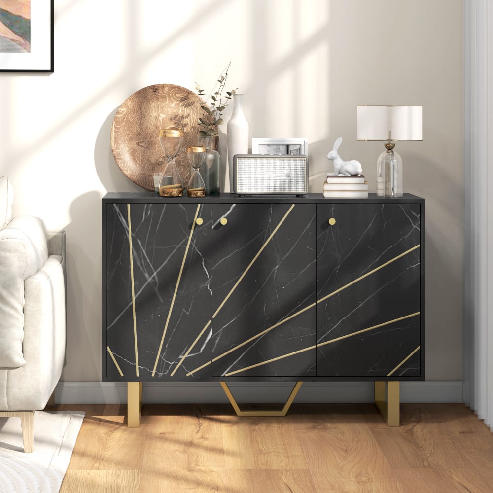 Homcom Buffet design - 3 portes, 2 étagères - métal doré aspect marbre noir Noir 107x75x35cm