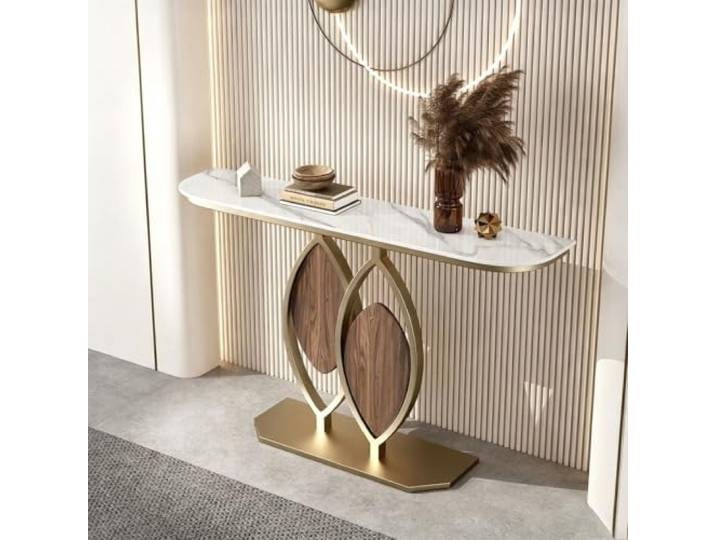 Moderner Konsolentisch mit Steinplatte, Flurtisch für Eingangsbereich Robuste Steinplatte, Metallrahmen, Schmaler Flurtisch, Sofatisch, Wohnzimmer(Gold+White,59.in(150cm))