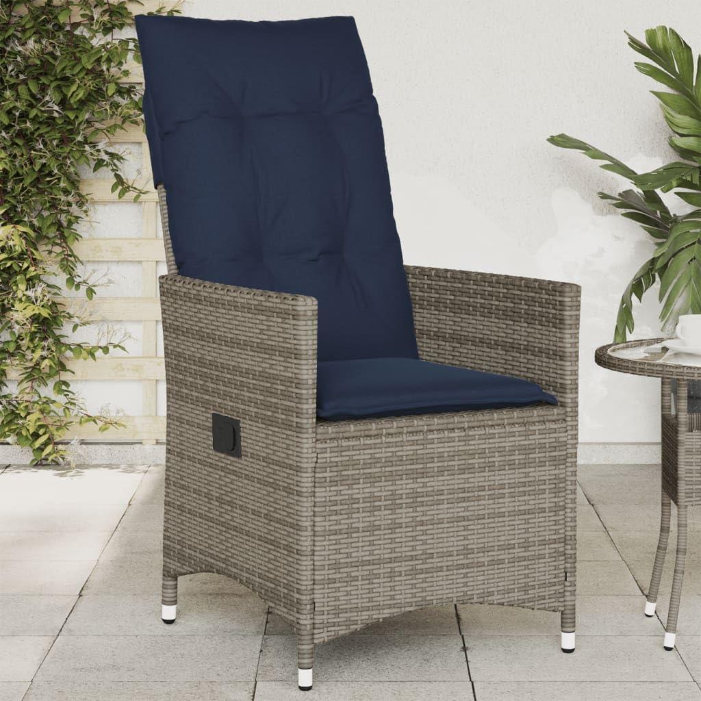 Verstellbarer Gartensessel mit Kissen aus grauem Polyrattan, Hochlehner für Balkon, Garten und Terrasse, UV-beständig, bis 110 kg belastbar