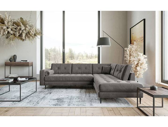 Ecksofa Purches Grau Samt Selby 259 x 87 x 205cm Ottomane davorstehend rechts Glamour