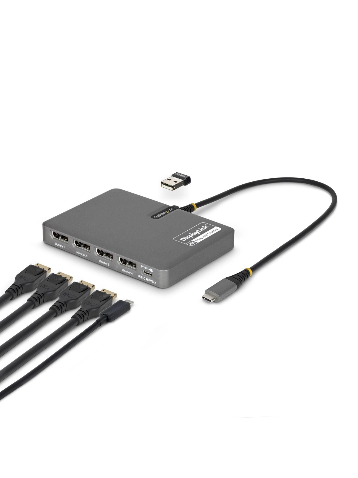 StarTech.com QUAD-USB-DP-ADAPT USB-C to Quad-Monitor Workstation Adapter 4K 60Hz DisplayPort 140W PD Passthrough for Laptop Charging
