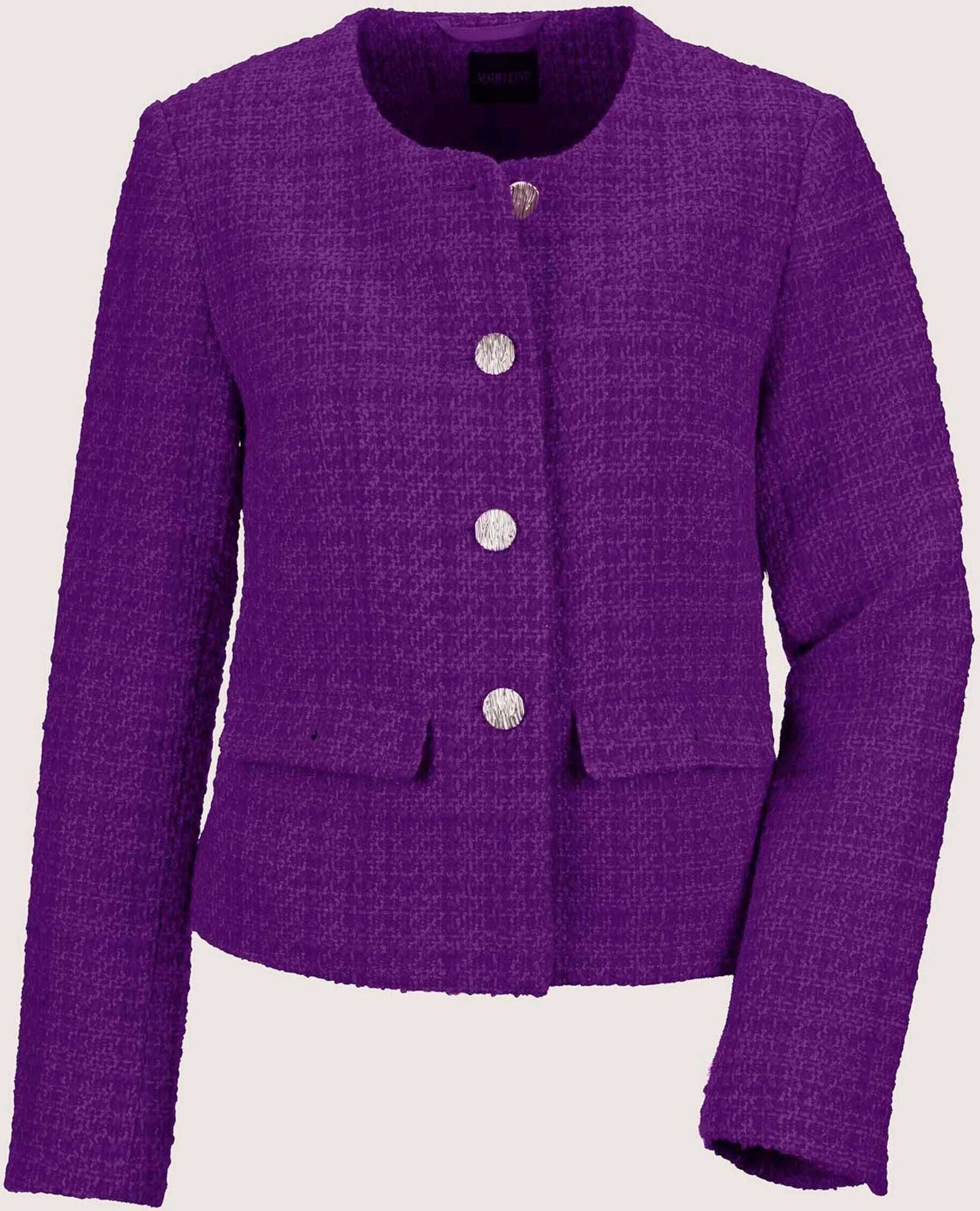 Jerseyblazer MADELEINE "Blazer Eleganter Tweed-Kurzblazer mit Metallknöpfen", Damen, Gr. 40, lila (lavendellila), Obermaterial: 80% Polyester PES. 20% Wolle WO., Modern, normal, Blazer, Edle Metallknöpfe