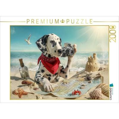 CALVENDO Puzzle Dalmatiner Hund auf Schatzsuche am Strand mit Karte und Kamera | 2000 Teile Lege-Größe 90x67cm Foto-Puzzle für glückliche Stunden