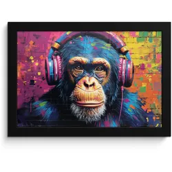 POSTER MIT RAHMEN Graffiti - Schimpanse - Straßenkunst - Kopfhörer - Affe 30x20 cm