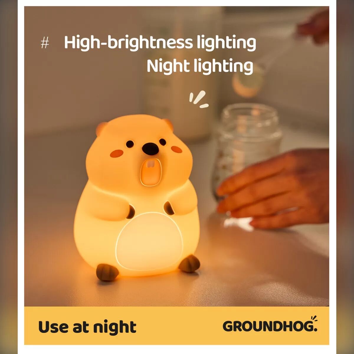 INF Veilleuse Marmot à Tapotement - Veilleuse en Silicone Lueur Douce, Contrôle par Tapotement, Design Marmotte, Jaune