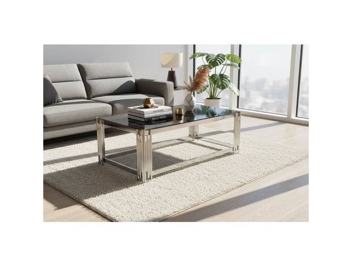 Table Basse FLUTE Rectangle Double Plateau Verre Trempé Marbré Noir Structure Chrome 120x60x45cm