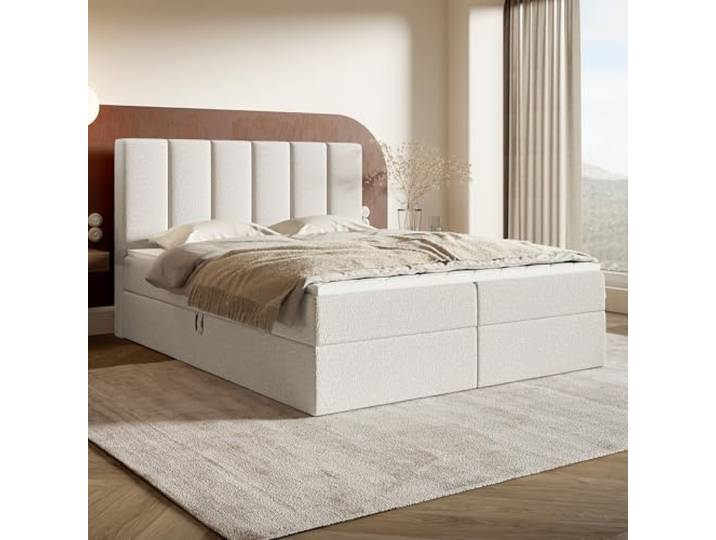 MOTIVENA Santiago Boxspringbett 160x200 Weiß Boucle, mit Taschenfederkern-Matratze (H3), mit Visco Memory-Foam Topper (H2), Boxspringbett 160x200 mit Bettkasten Weiß (Milch)