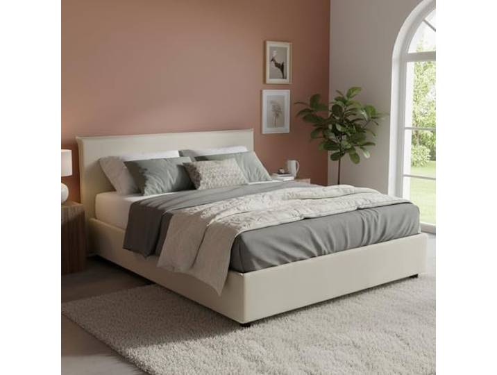 Talamo Italia - Betty Doppelbett, Bettkasten mit Stoffbezug, 100 % Made in Italy, Öffnung vorne, geeignet für Matratze 160 x 190 cm, Beige