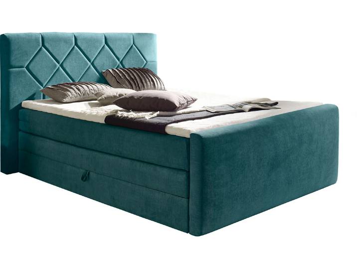 Boxspringbett HOME AFFAIRE Atlanta , blau (ocean), B:140cm L:221cm, Kunststoff, Massivholz, Stoff, Komplettbetten, Boxspringbett, inklusive Topper und Bettkasten