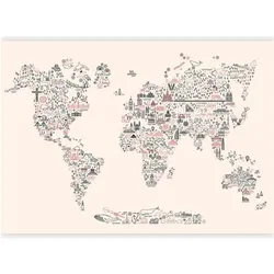 Artgeist, Tapete, Fototapete - Map With Icons - Cartoon Representation of the World in Pastel Colours (300 x 210 cm)