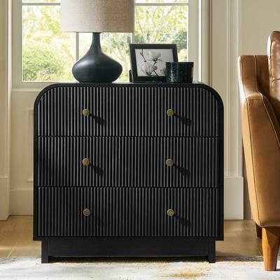 HULALA HOME Claude Modern Easy Assembly 3-drawers Fluted Curved End Table with Charging Station and USB Ports