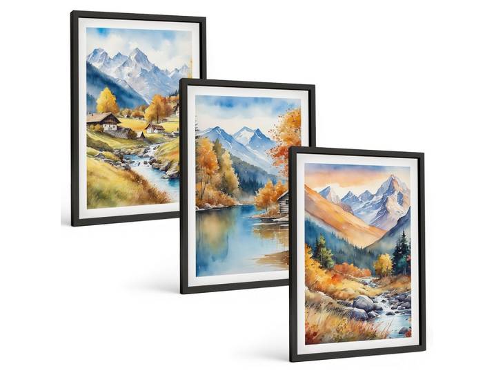 BILDER SET 3er Set - 40x60 cm Schwarzer Rahmen - Herbstliche Berge, Flusshäuser