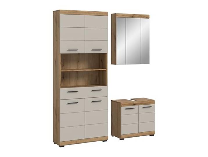 xonox.home – Badkombination Scout 149x191x34 cm in Evoak Oak und Kaschmir Nachbildung matt – Elegantes Set mit natürlichem Holz-Look – geradlinig, kompakt & zeitgemäß