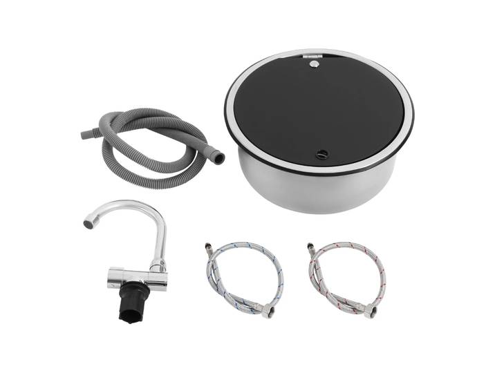 Évier de camping pour camping-car, kit d'évier brossé pour camping-car avec robinet pliable et couvercle, évier en acier inoxydable pour camping-cars et yachts