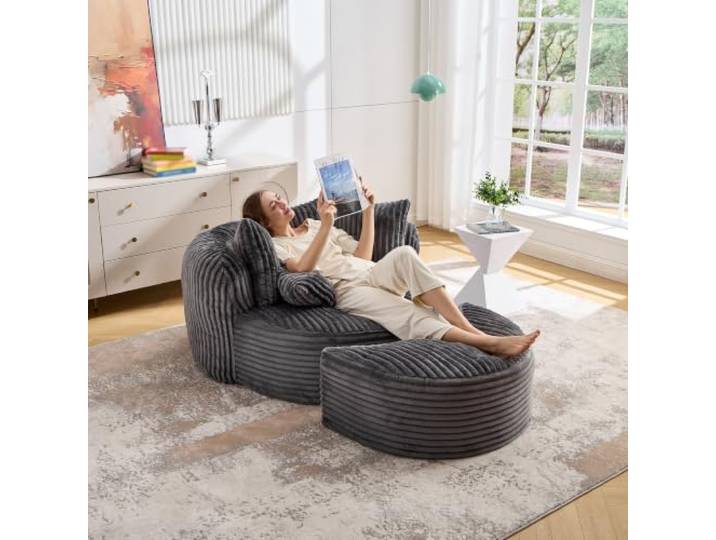 QQJIN Sofabett Ohne Beine mit Fußstuhl, Großes Runder Sitzbrett Großformatiger, Weicher Stoff und Kordelstoff-Sitzlehne für Wohnzimmer, Spielzimmer