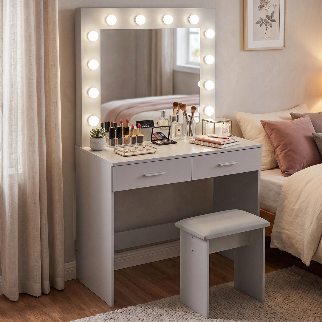Hashtag Home Thurston Dressing Table with Mirror Grey 138cm H X 79cm W X 33cm D