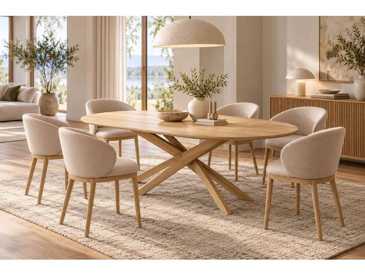 Ethnicraft Mikado Indoor Tisch mit 6 Unda Stühlen