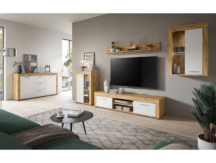 Commode/Vitrine supendue Jam 60 x 86 x 35cm Blanc/Marron/Blanc/Imitation chêne Wotan