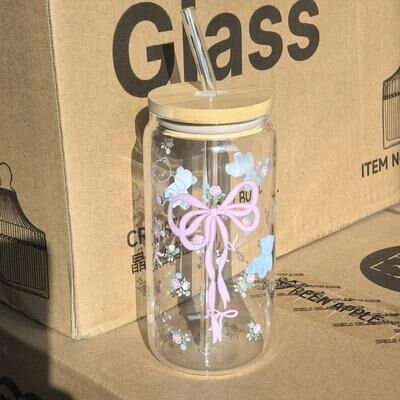 Uplifted Finds 500ml Cherry Bow Glass Tumbler High Performance Mason Jar Shaped Drinking Cup With Ribbed Precision Lid & Straw bow Bear