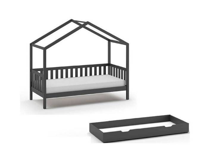 58 aufm Kessel Kinderbett Hausbett Kapua 210x97x170 Kinderbett in Hausform Massivholz Anthrazit (inkl. Versand, Lieferung bis Verwendungsstelle), Liegefläche 90 x 200, seitliche Umrandung, Lattenrost, Bettschublade