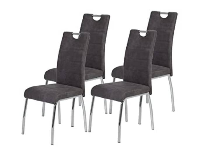 Hela Tische, 4er Set Esszimmerstuhl Küchenstuhl Susi, Mikrofaser Vinatge Anthrazit, Metallgestell + Griff Chrom