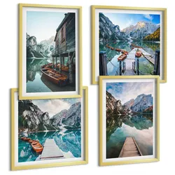 BILDER SET 4er Set - 50x50 cm & 40x60 cm Goldrahmen - See Berge Holzboote