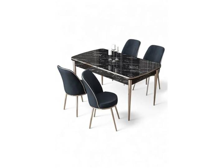 Modern Extendable Dining Table & Chairs Set (5 Pieces) - Black Marble & Chrome, 100% MDF, Metal Legs, Stylish & Functional for Home