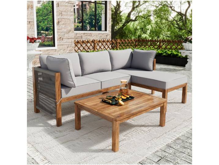 JOINERY canapé angle salon bas de jardin 4 places avec table basse bois d acacia corde tressée coussins gris 3 pièces
